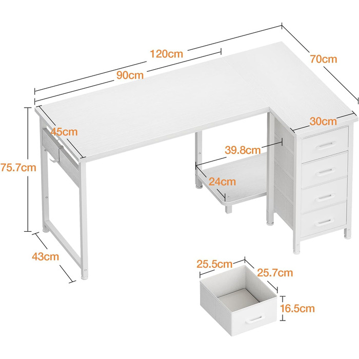 Комп'ютерний стіл Coleshome L-подібний з шухлядами, 120 x 70 см (білий)