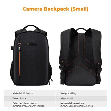 Рюкзак для фотокамери K&F Concept, фоторюкзак, водонепроникний, для DSLR/SLR, об'єктивів та аксесуарів, чорний+оранжевий, розмір M