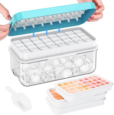 Ice cube mold, ice cube container, 96 ice cubes, ice cube mold with lid, with 3 trays, easy push to release ice, leak-proof, cooling for cocktails, whisky, coffee, blue