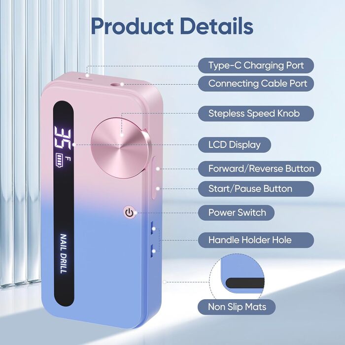 Електричний апарат для манікюру та педикюру з 15 насадками та 30 шліфувальними стрічками. Регулювання 0-35000 об/хв. Портативний.