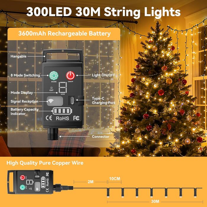 Льод-гірлянда на батарейках для вулиці, 10м, 300 LED, 8 режимів, IP44, вологостійка, з пультом, таймер, для декору саду, вечірки, Нового року