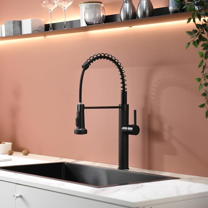 Сучасний кухонний змішувач з висувною лійкою AIMADI 360° з нержавіючої сталі, чорний/рожеве золото, для кухні