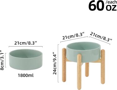 Керамічна миска для собак 21 см на підставці, великі породи, годівниця та поїлка (1 шт., світло-зелена)