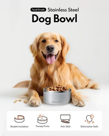 Миска для собак HomeRunPet з нержавіючої сталі з гумовим дном, подвійна ізольована миска для їжі, довговічна, придатна для миття в посудомийній машині, для малих, середніх та великих собак (сталево-блакитний, 1л)