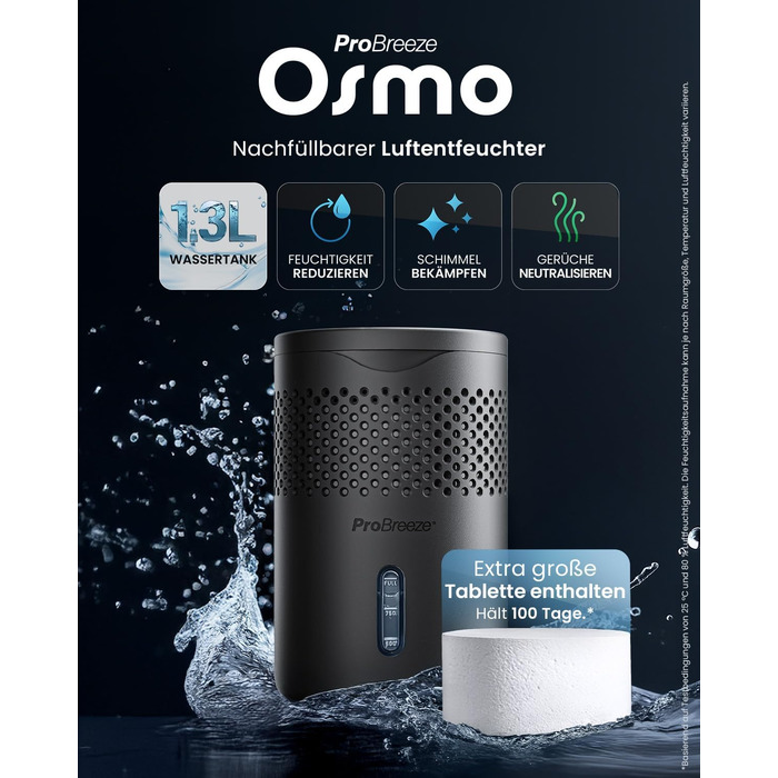 Зволожувач повітря Pro Breeze Osmo – тихий, з можливістю поповнення – для дому, спальні, шафи, авто – міні-зволожувач без живлення – таблетка 700g (до 100 днів) чорний