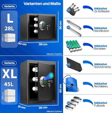 Електронний сейф KESSER® з відбитком пальця та ключем L | Вбудований акумулятор | 3x подвійний замок | Настінний/підлоговий сейф | Чорний