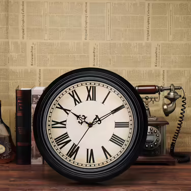 Plumeet Wall Clock - Quiet Retro Classic Wall Clock without Ticking for Living Room, Bedroom, Battery Operated (Roman Numerals) (Black, 40.6cm)