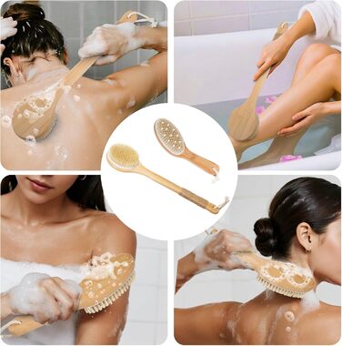 Набір з 2 шт. щітки для сухого масажу тіла, щітка для спини та душу з довгою ручкою, щітка для лімфодренажу, натуральна щетина для пілінгу та лімфодренажу, масажна щітка для тіла