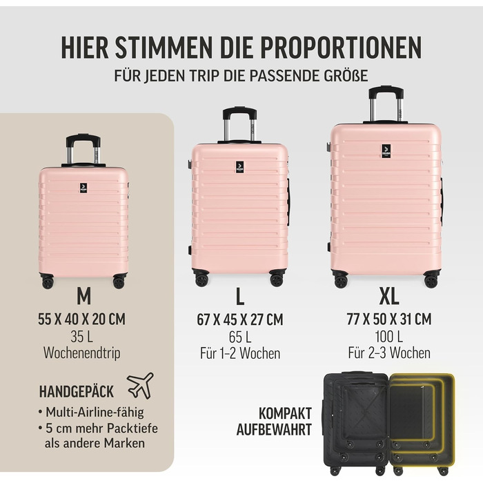 Набір дорожніх валіз Deuba TRAVEL з твердого корпусу, 3 предмети, пастельно-рожевий