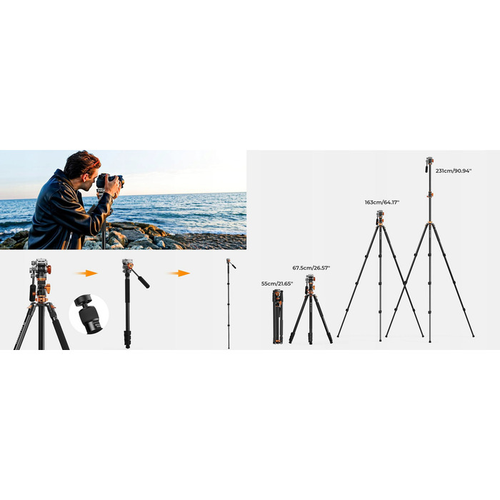 Штатив K&F Concept T254A7 + FH-03, 231 см, чорний