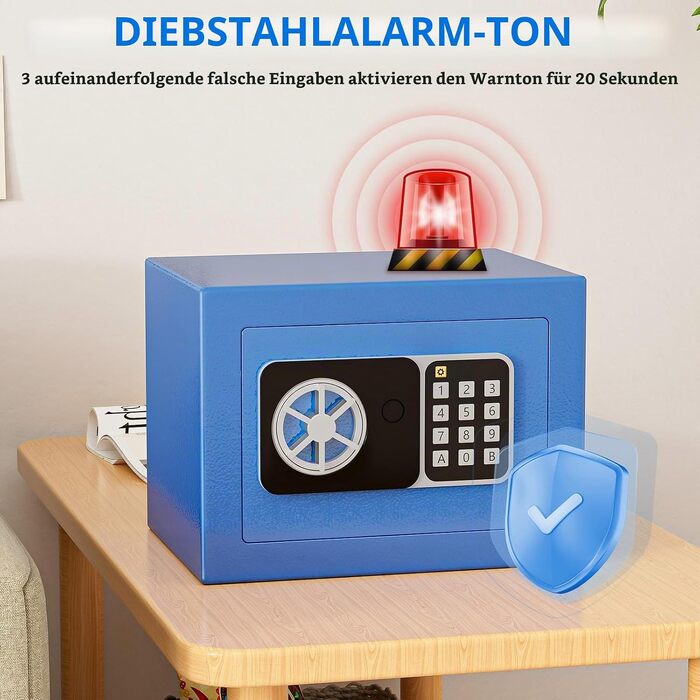 Цифровий мінісейф Safe Tresor на 6,8 л, синій — компактний домашній сейф для документів та цінностей з електронним замком та 2 ключами, 23 x 17 x 17 см
