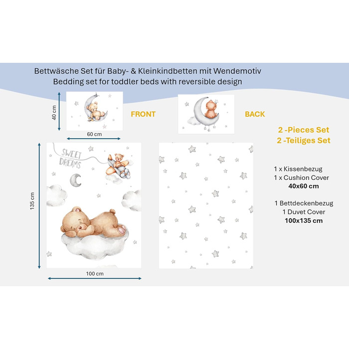 Комплект постільної білизни для дитячого ліжечка: комплект постільної білизни для малюків, постільна білизна для дитячого ліжечка 100x135 см + наволочка 40x60 см з бавовни, сертифікат Öko-Tex Standard, для хлопчиків та дівчаток (ведмедик Тіша)