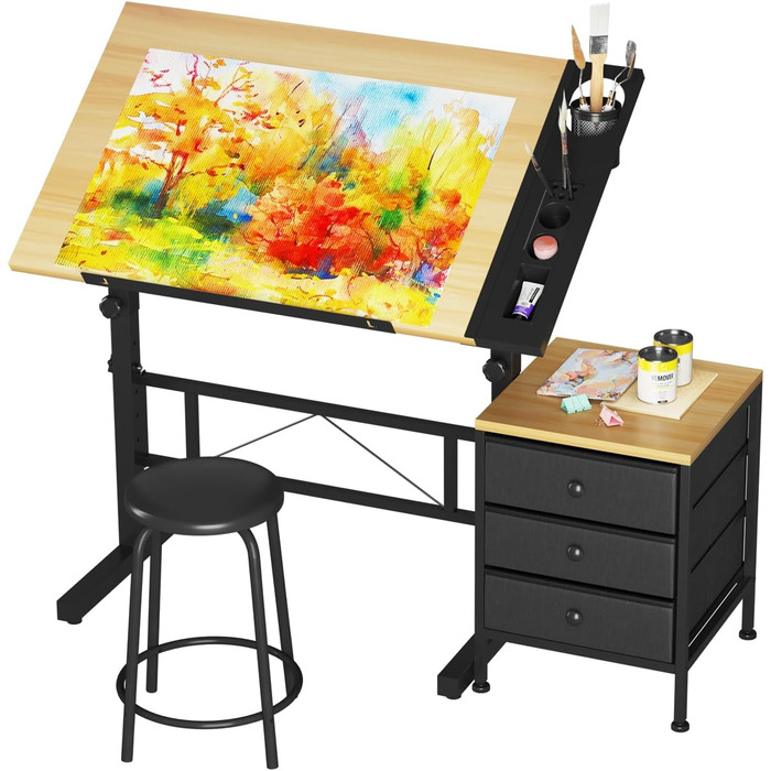 Adjustable Drafting Table with Tilt - 0-60° - Includes Stool & Storage - Wood Finish for Home & Office