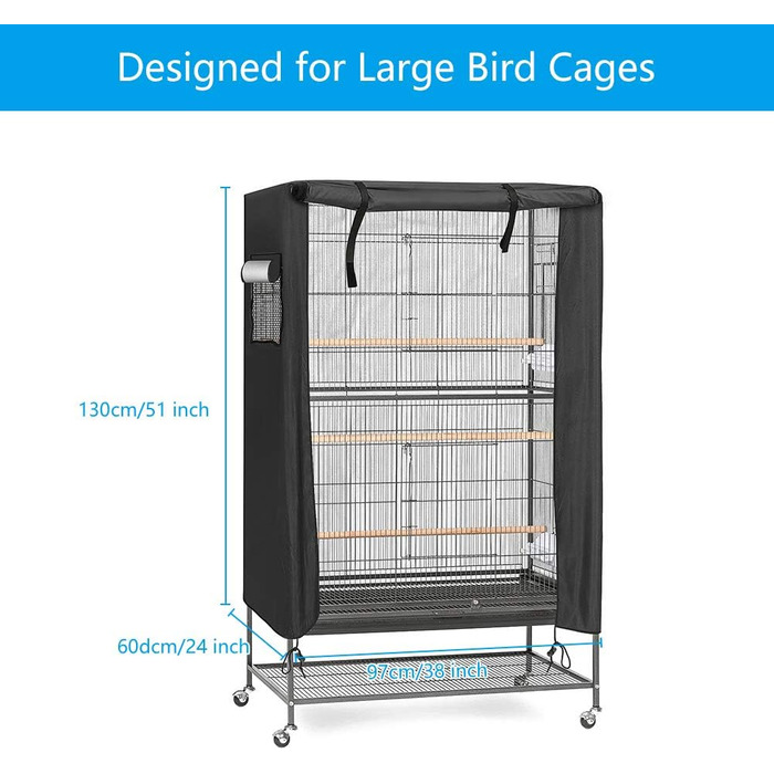 LINGSFIRE Bird Cage Cover, 97 x 60 x 130cm Waterproof Large Bird Cage Cover, Washable Parrot Cage Cover, Windproof and Dustproof Night Cover for Parrot Cage