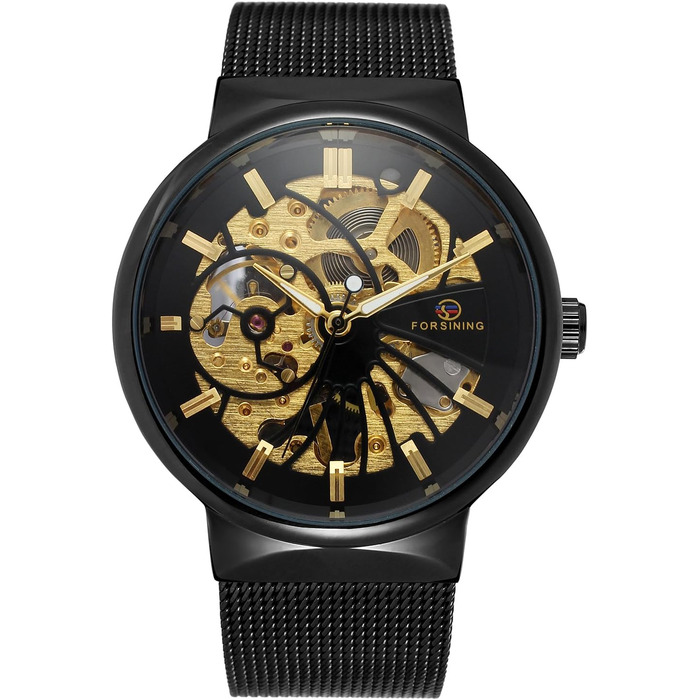 Чоловічий механічний годинник FORSINING з тонким корпусом та сталевим браслетом, Skeleton, чорний колір