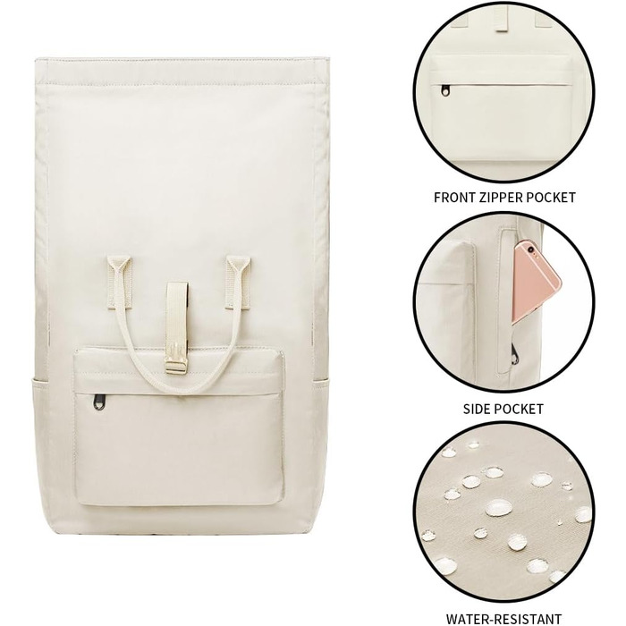 KALIDI Backpack Women's Backpack Men's Daypack with Laptop Compartment, Unisex Modern Rolltop Backpack Daypack, Waterproof School Backpack, Casual Backpack School Leisure Uni Work (Beige)