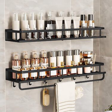 Поличка для душу Devesanter без свердління, 2 шт., 60 см, органайзер для шампуню та мила з тримачем для рушників та 6 гачками, для ванної кімнати, спальні, кухні, чорний