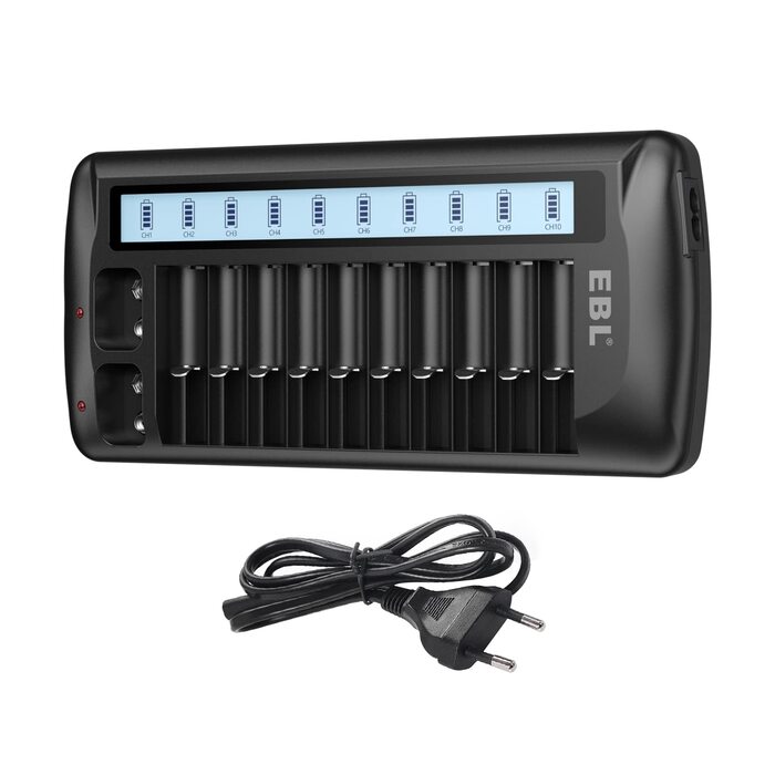 Зарядний пристрій EBL для AA/AAA акумуляторів, 12 слотів, LCD дисплей, для NiMH/NiCd, з функцією розряду