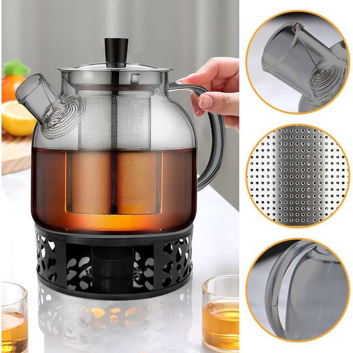 Скляний чайник для заварювання чаю 1500 мл з ситечком та підставкою-підігрівачем із нержавіючої сталі