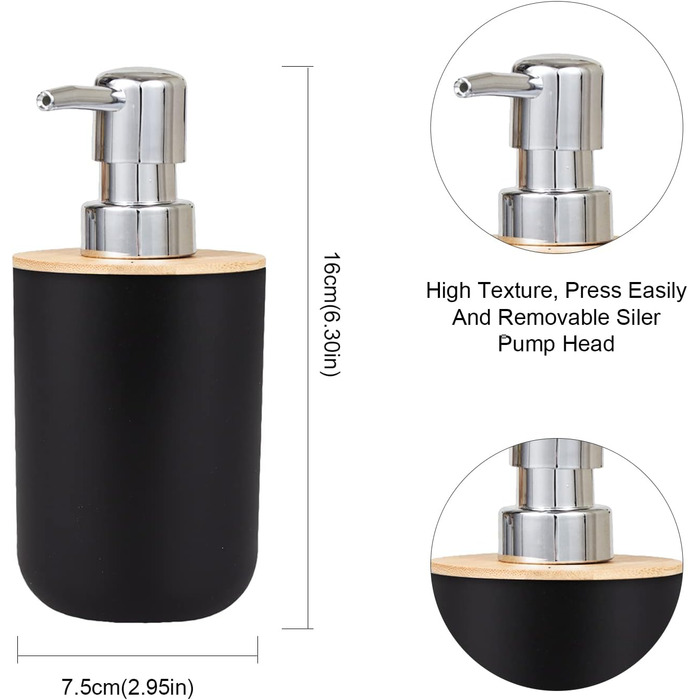 Bathroom Accessories Set - 6Pcs Bathroom Accessories Set made of Bamboo, Lotion Bottles, Toothbrush Holder, Tooth Cup, Soap Dish, Toilet Brush, Trash Can (4 Pcs Black)