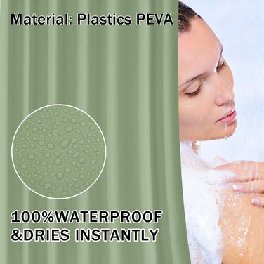 Завіса для душу 180x180 см, водонепроникна, антигрибкова, з кільцями (зелена)