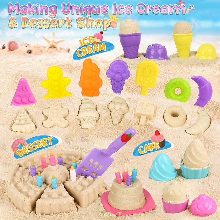 Joyreal 46-Piece Sand Toy Ice Cream Set for Girls and Boys - Sandbox Toys, Beach Toys, Kids with 4 Sand Shovels, Bucket, Sand Molds, Mesh Bag for Kids