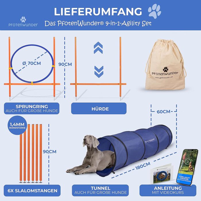 Набір для аджиліті для собак PfotenWunder® '9-in-1: 6 шлагбаумів, тунель, кільце, 1 перешкода. Для великих і малих собак. Тренування, спорт, ігри. Комплектація M-Set: шлагбаум, перешкода, кільце, тунель.