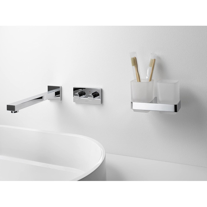emco LOFT double-glazed glass holder for wall mounting, elegant and compact toothbrush holder made of aluminum and crystal glass, high-quality chrome and satin-finish toothpaste cup, Chrome