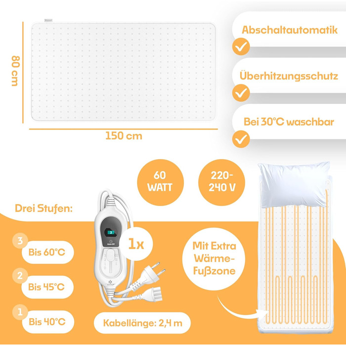 Електрична ковдра KESSER® 150x80 см з автовимкненням та пультом керування | 3 температурні режими | Підігрівальна ковдра для ліжка, матрац, тепла біла ковдра без візерунку