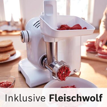 Bosch Kitchen Machine Series 4 MUM54251, 3.9 L Bowl, 1.25 L Mixer, Meat Grinder, Citrus Press, Dicer, Dough Hook, Beater, Whisk, Continuous Slicer, 3 Discs, 900 W, White/Silver