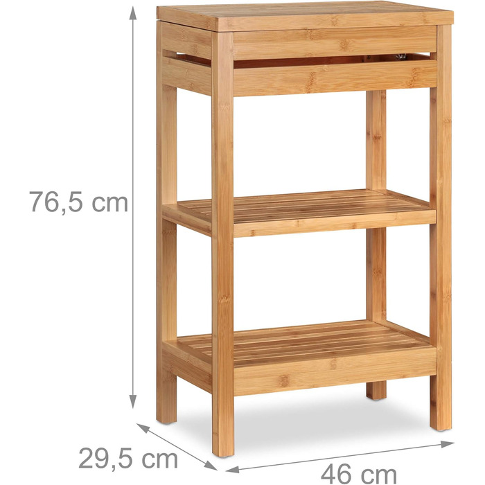 Relaxdays Bamboo Shelf, Standing Shelf with 3 Shelves, HxWxD: 76.5 x 46 x 29.5 cm, Compartment with Lid, Open, Kitchen & Bathroom, Natural