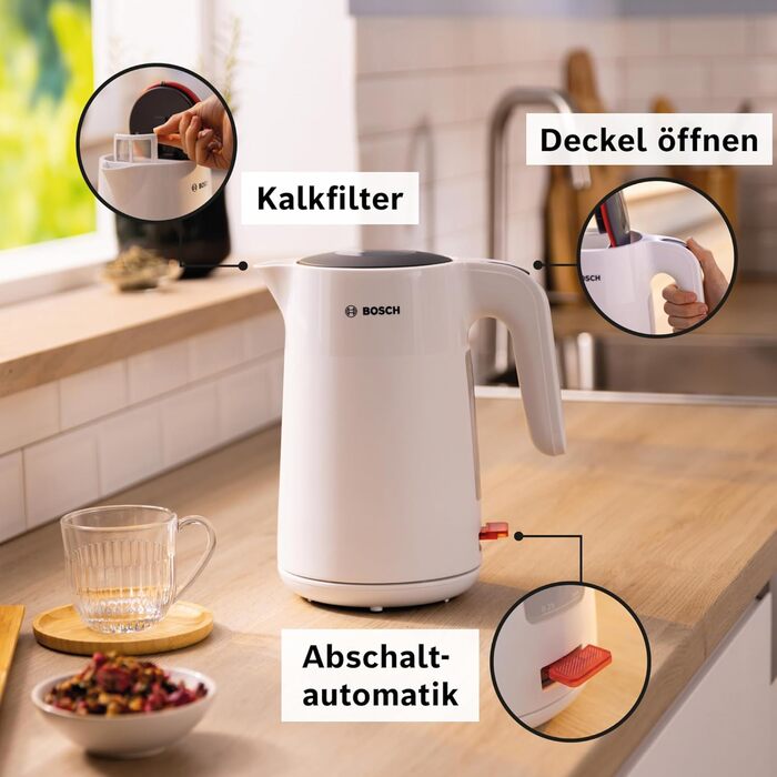 Електричний чайник Bosch MyMoment TWK2M161, 1.7 л, 2400 Вт, білий матовий, з автоматичним відключенням, захистом від перегріву, показом кількості чашок та фільтром від накипу