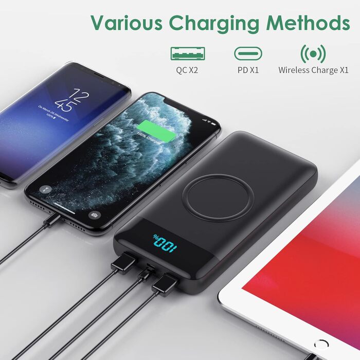 Power Bank 26800mAh з бездротовою зарядкою 15W, 25W PD3.0+QC4.0, 4 виходи USB-C, LCD дисплей, чорний Q2