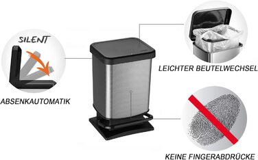 Відро для сміття Rotho Paso 20л з педальним механізмом, пластик PP, BPA-free, carbonmetallic