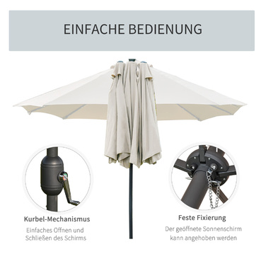 Outsunny Double Canopy Sun Umbrella with LED, 440 x 256 cm, Garden Umbrella with Hand Crank, Patio Umbrella in Cream White for Garden & Patio