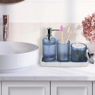 Набір аксесуарів для ванної кімнати, 4 шт., янтарне скло, органайзер для полиці, дозатор мила, тримач для зубних щіток, контейнер для ватних паличок, піднос з малюнком блакитного та білого мармуру