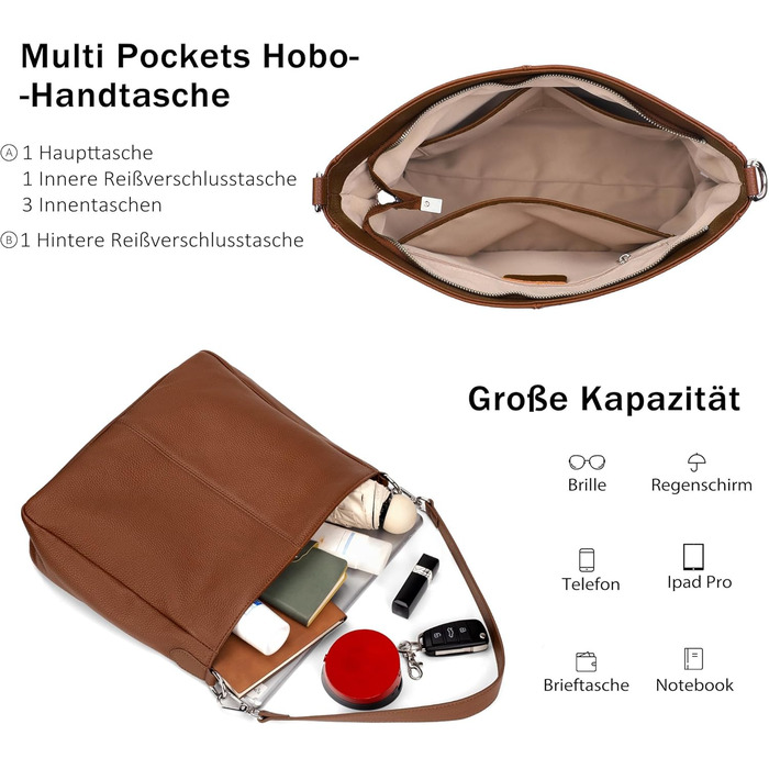 Сумка жіноча шкіряна Befen Shopper Hobo середнього розміру, коричнева (A-braun) з 2 ремінцями