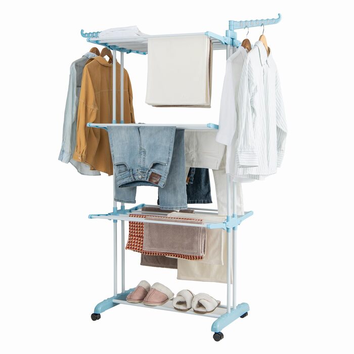 Стійка для сушіння білизни HOMASIS з 4 рівнями, розкладна, з колесами та бічними крилами, 127x63x171см, блакитна, вантажопідйомність 30 кг