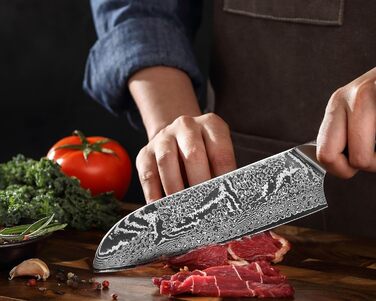Японський ніж Wakoli Nitoko Santoku 18 см з дамаської сталі (67 шарів) VG10, HRC 60, G10 руків'я, Full Tang, для чистих нарізок, у подарунковій коробці