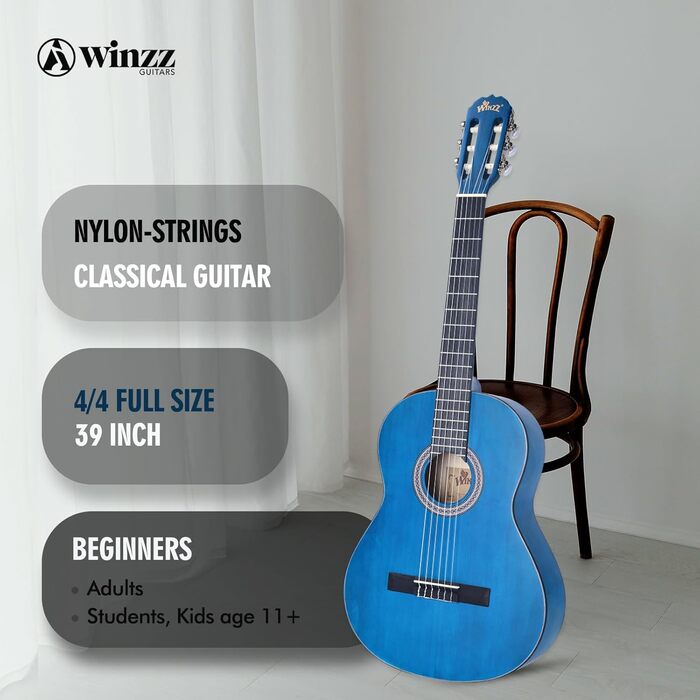 Класична гітара Winzz 4/4 для дорослих, 39 дюймів, синього кольору - ідеальна для початківців