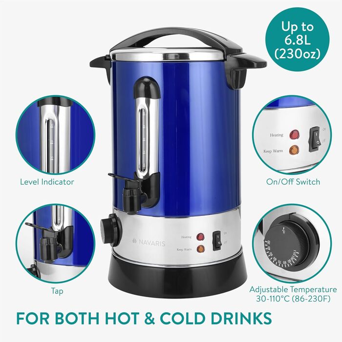 Navaris Mulled Wine Warmer/Hot Water Dispenser - Stainless Steel - with Thermostat, Level Indicator, and Tap - Mulled Wine/Hot Beverage Dispenser (6.8L, Blue)