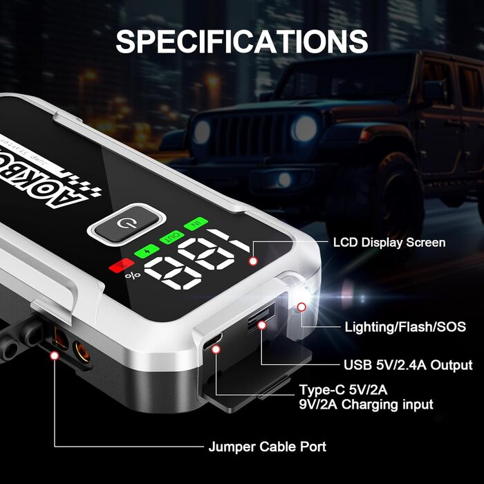 Портативний акумулятор Starthilfe для автомобіля: запуск 12V авто, мотоцикла, вантажівки, SUV з LED-ліхтариком та LCD екраном