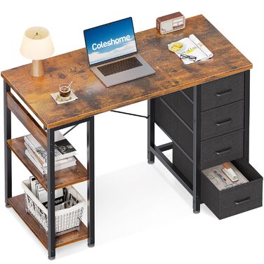 Компактний письмовий стіл Coleshome з 4 висувними ящиками, 100x40 см, з полицями, для офісу, кабінету, спальні (колір: коричневий)
