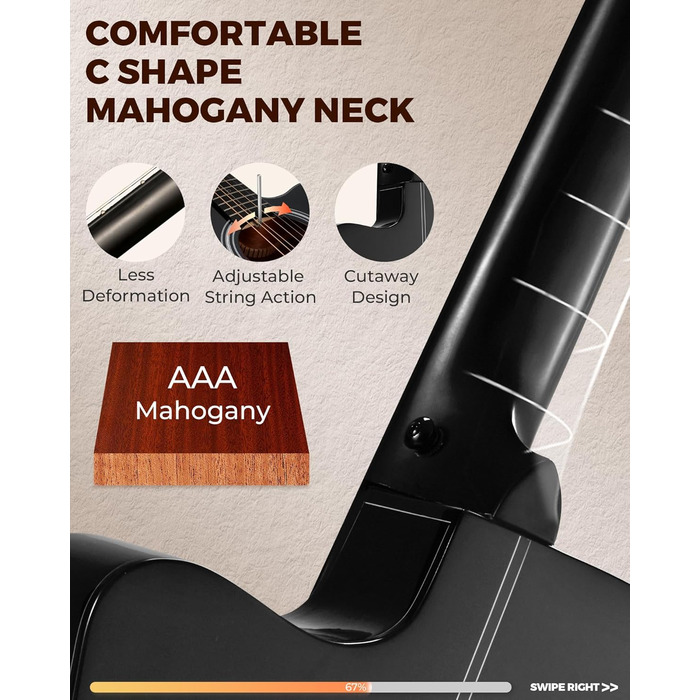 Акустична гітара Fesley X Kit FD60C, 41 дюйм, 6 струн, чорний колір, для початківців, з аксесуарами