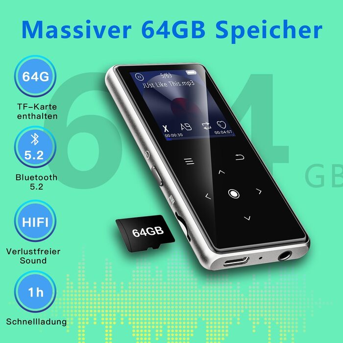 MP3-плеєр AiMoonsa 64GB з Bluetooth 5.2, FM-радіо, Hi-Fi звук, E-Book, вбудований HD-динамік, запис голосу, сріблястий