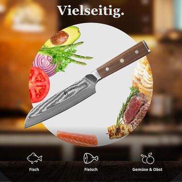 Ніж кухонний Wakoli Santoku Damast (18 см), сталь VG10, 67 шарів, рукоять з горіха, професійний, в подарунковій коробці
