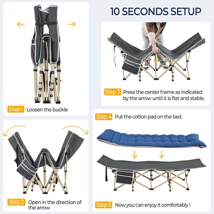 Ліжко похідне Yaheetech з матрацом, складне, для гостей, 191x67 см, до 150 кг, сіре/чорне (синьо-сіре)