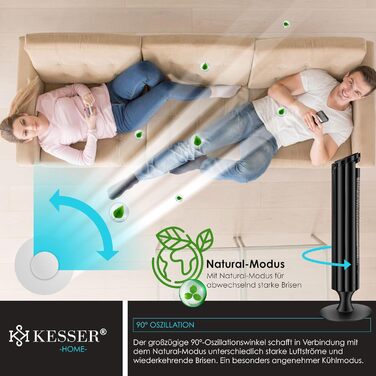 Турбо вентилятор KESSER® з пультом керування | 90° кут осциляції | 3 швидкості | 90 см | Таймер | Turbo функція | Колонний вентилятор | Чорний