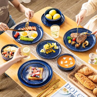 Vancasso Starry Blue 24-Piece Stoneware Dinnerware Set for 6 - Complete Tableware Set with Plates, Bowls & Serving Dishes