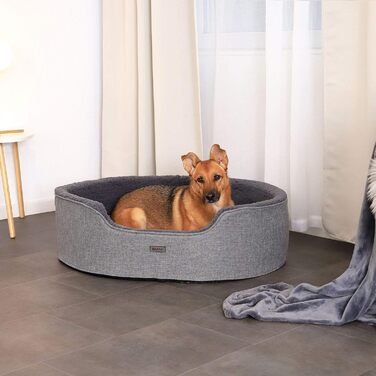 Lionto Dog Bed with Reversible Cushion and Washable Cover, Stable Dog Basket with Anti-Slip Studs, 92x72 cm, Cozy Pet Bed for Dogs and Cats with Plush, Grey